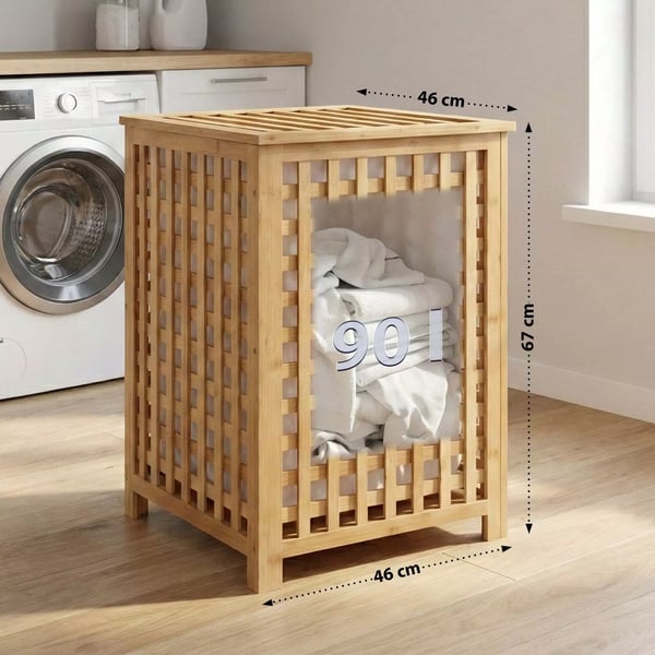 Lenca Bambu Pyykkikori - Luonnonvärinen Puu/Kangas, 90L