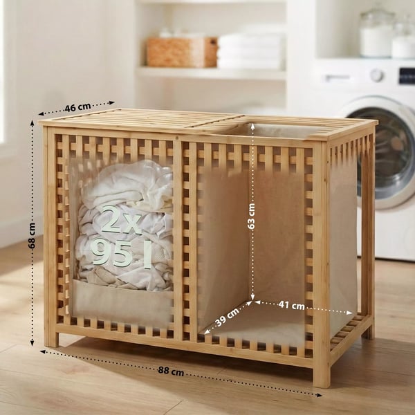 Dorothea Bambu Pyykkikori Natural Wood 2 pussia 95L Pesutupa Kylpyhuoneen Sisustus
