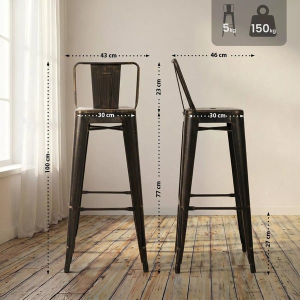 Mason Antik Sort-Guld Metal Barstol - 96 cm Højde