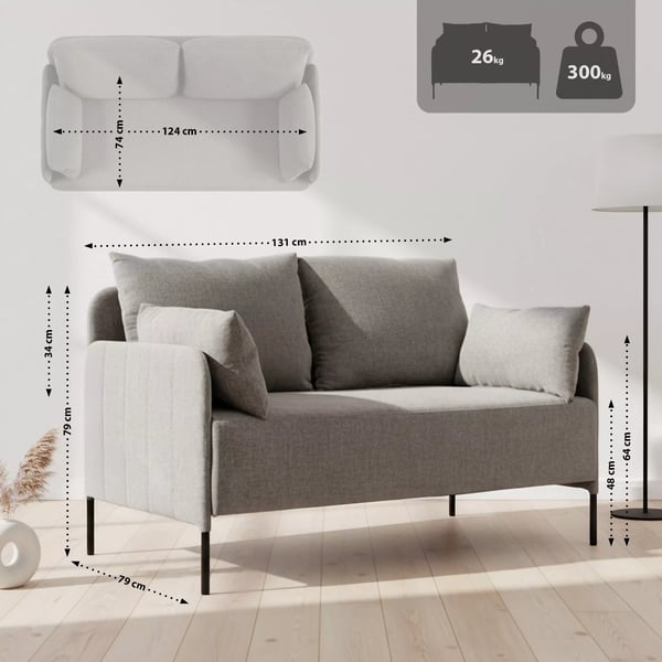 Ziden Taupe 2-personers stofsofa med høj bæreevne 300 kg, metalben, bølgeaffjedring og skumtæthed 28 kg/m³ hynder