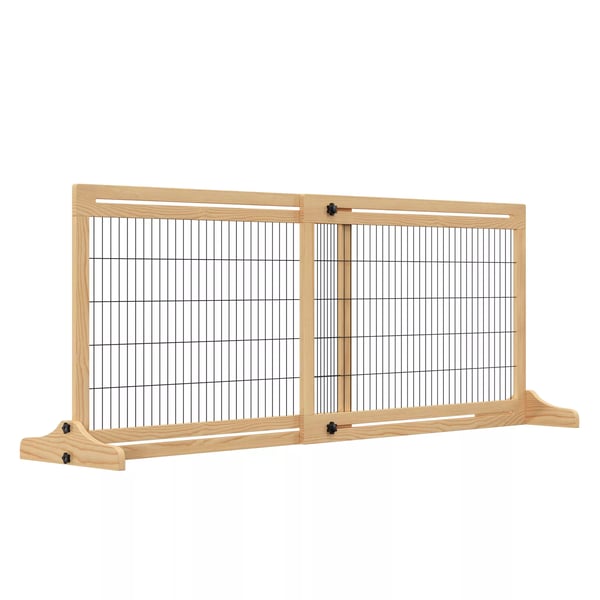 PawHut udtrækkeligt hunde-gitter i træ, fritstående, til trapper og døre, natur, 202,5x76 cm