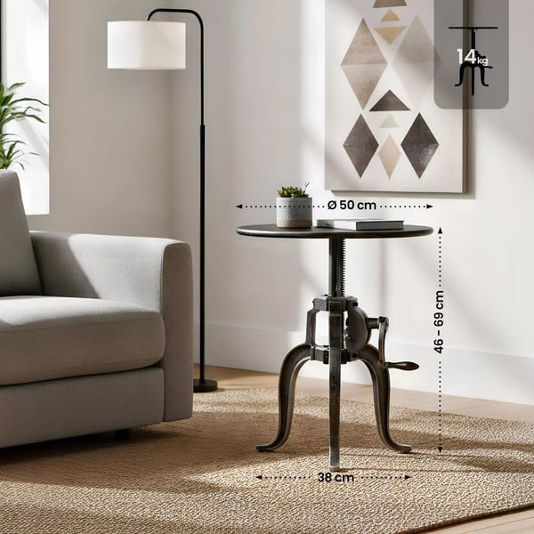 Marcos sofabord i industriel stil, antik sølv, højdejusterbart 46-66 cm, 50x50 cm