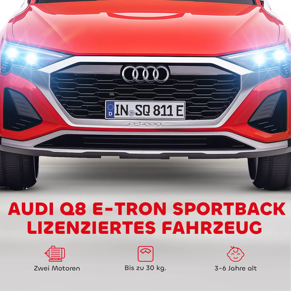 Elektrisk børnebil, 12V Audi Q8, 3-5 km/t, Fjernbetjening, Forlygter, Musik, Rød