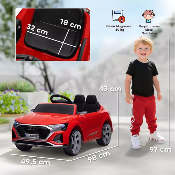 Elektrisk børnebil, 12V Audi Q8, 3-5 km/t, Fjernbetjening, Forlygter, Musik, Rød