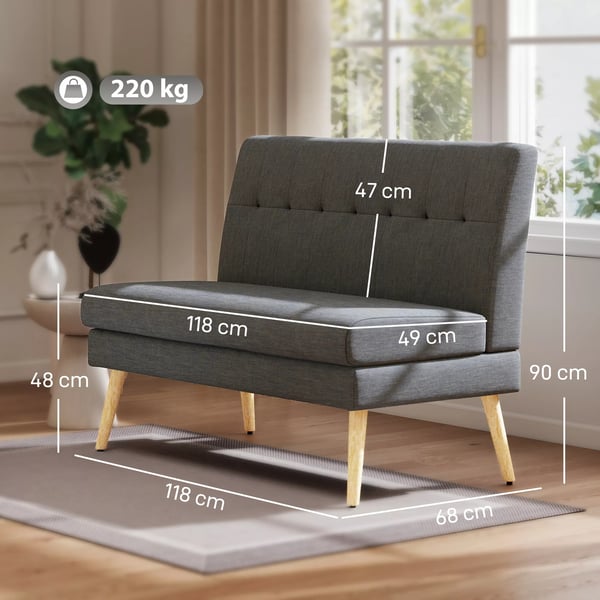 2-personers sofa, tuftet ryglæn, træben, tyk polstring, linnedlook, til små rum, Grå