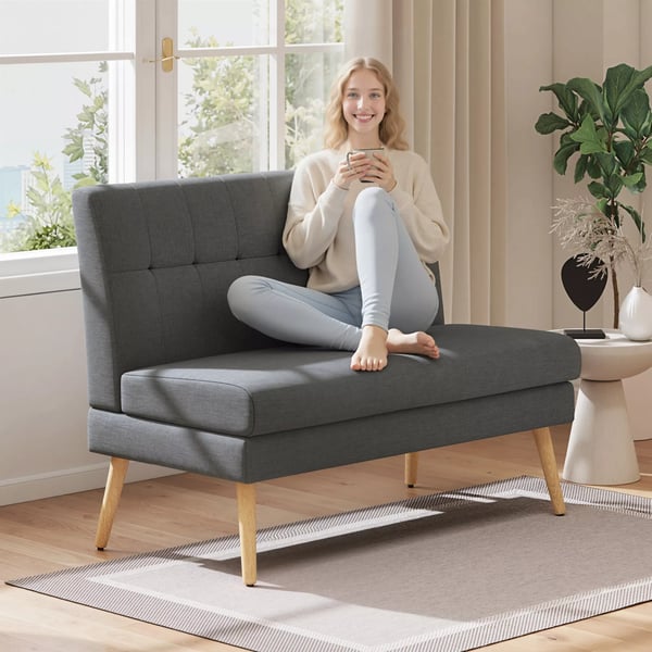 2-personers sofa, tuftet ryglæn, træben, tyk polstring, linnedlook, til små rum, Grå