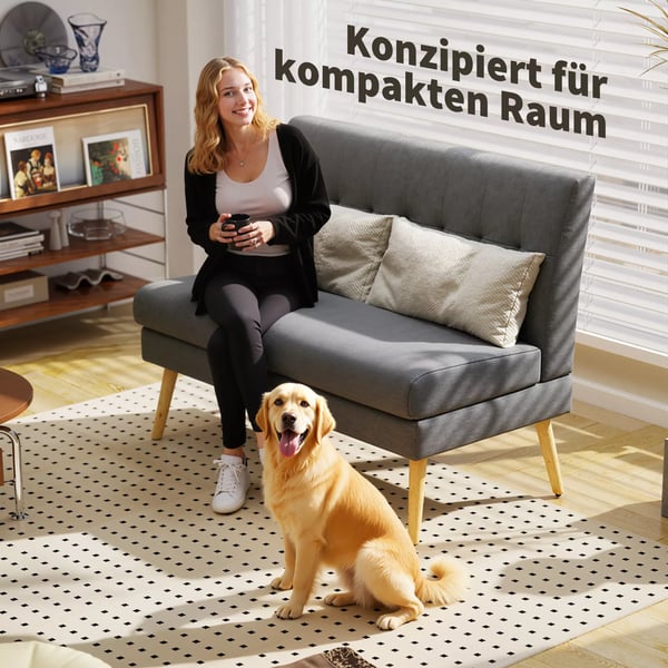 2-personers sofa, tuftet ryglæn, træben, tyk polstring, linnedlook, til små rum, Grå
