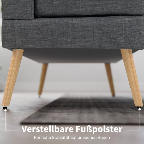 2-personers sofa, tuftet ryglæn, træben, tyk polstring, linnedlook, til små rum, Grå