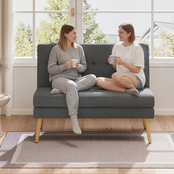 2-personers sofa, tuftet ryglæn, træben, tyk polstring, linnedlook, til små rum, Grå