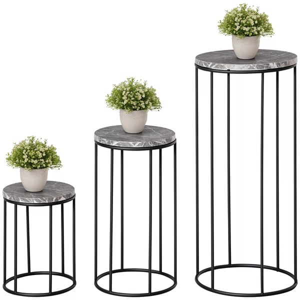 Outsunny blomsterstativ 3-delt sæt, plantestativ i marmorlook, stabelbare blomsterpaller, dekorativ