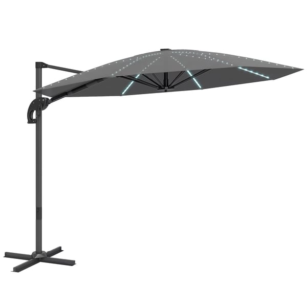Outsunny Hängparasoll i Aluminium med LED-belysning, Ø300cm, Mörkgrå - Justerbar, Vattenavvisande, UV50+, 360° Vridbar, Markis, Trädgårdssolskydd