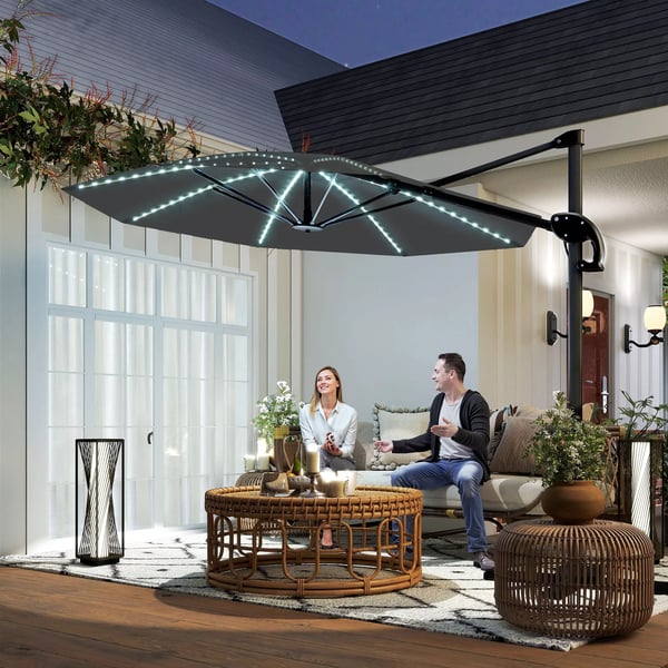 Outsunny Alu-parasol m/LED-solceller Ø300 cm, Mørkegrå
