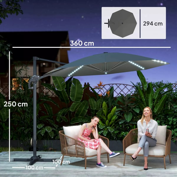 Outsunny Alu-parasol m/LED-solceller Ø300 cm, Mørkegrå