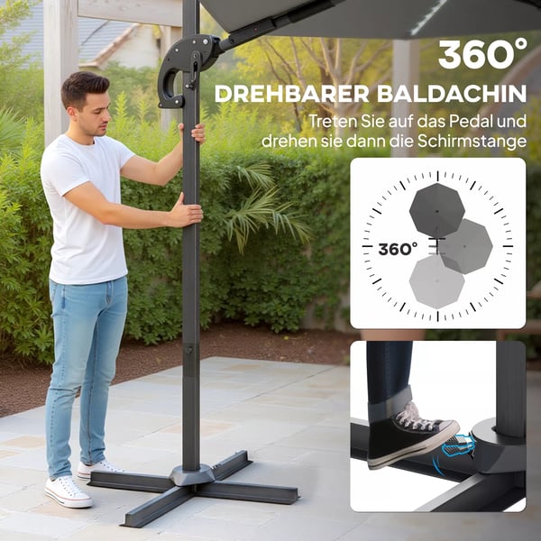 Outsunny Alu-parasol m/LED-solceller Ø300 cm, Mørkegrå