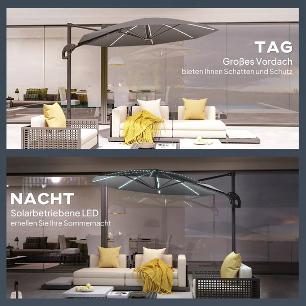 Outsunny Alu-parasol m/LED-solceller Ø300 cm, Mørkegrå