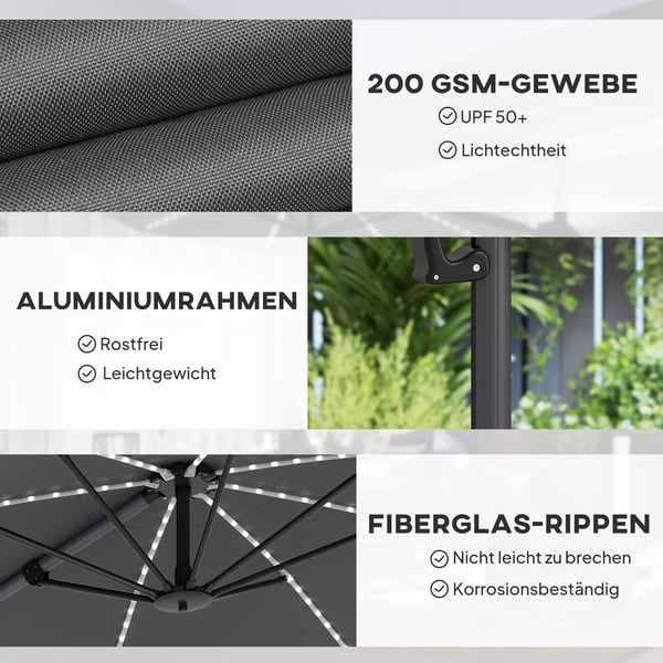 Outsunny Alu-parasol m/LED-solceller Ø300 cm, Mørkegrå
