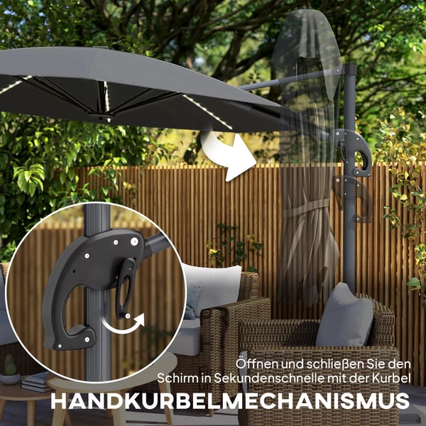 Outsunny Alu-parasol m/LED-solceller Ø300 cm, Mørkegrå