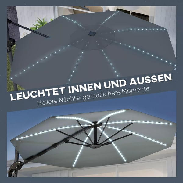Outsunny Alu-parasol m/LED-solceller Ø300 cm, Mørkegrå