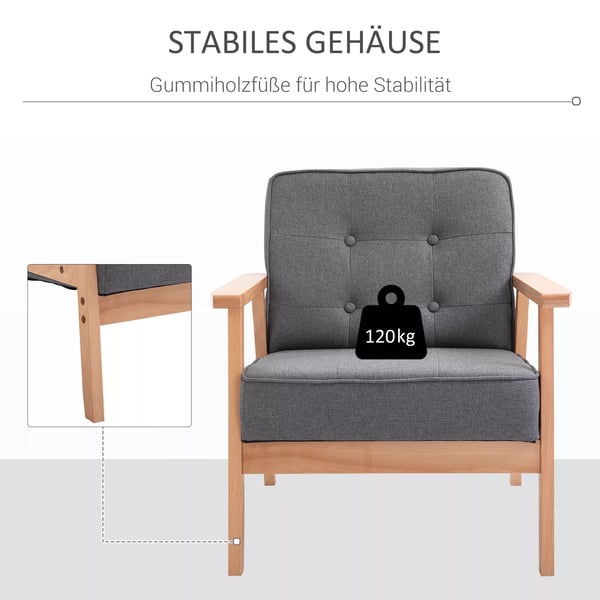 HOMCOM enkeltsofa, loungestol, polstret stol med armlæn, træstel, hør, grå, 64,5x70x74cm