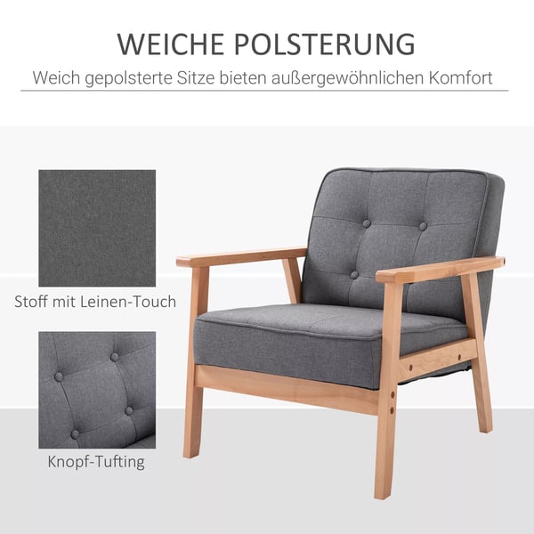HOMCOM enkeltsofa, loungestol, polstret stol med armlæn, træstel, hør, grå, 64,5x70x74cm
