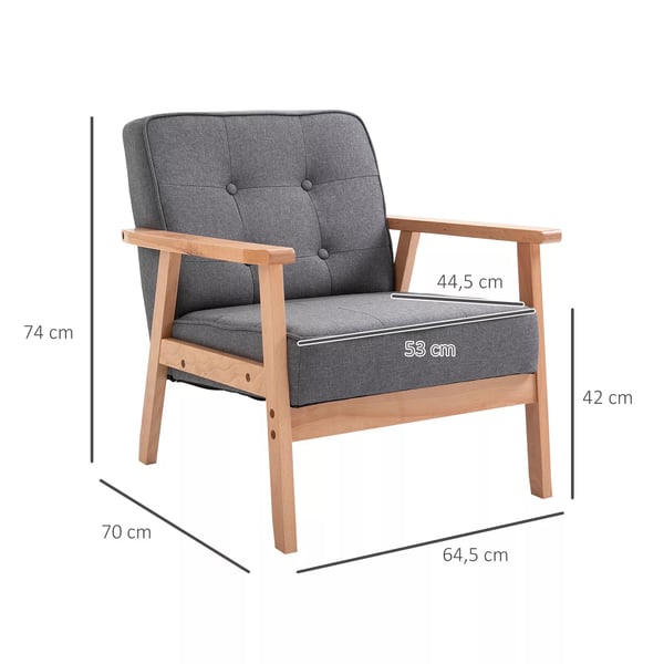 HOMCOM enkeltsofa, loungestol, polstret stol med armlæn, træstel, hør, grå, 64,5x70x74cm