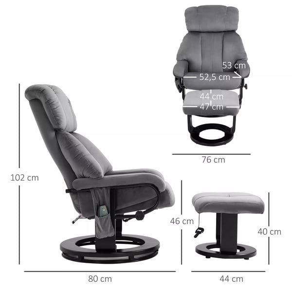 HOMCOM massagestol TV-stol hvilestol med liggefunktion lænestol med skammel massagefunktion fløjlsblødt polyester grå 76 x 80 x 102 cm