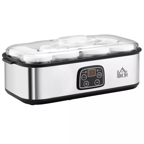 HOMCOM Yoghurtmaskin, 25W, LCD-display, 8 glas med lock, 180ml, justerbar temperatur, PC & PP-plast