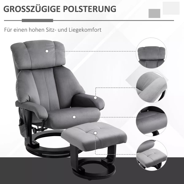 HOMCOM massagestol TV-stol hvilestol med liggefunktion lænestol med skammel massagefunktion fløjlsblødt polyester grå 76 x 80 x 102 cm