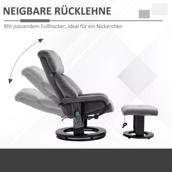 HOMCOM massagestol TV-stol hvilestol med liggefunktion lænestol med skammel massagefunktion fløjlsblødt polyester grå 76 x 80 x 102 cm
