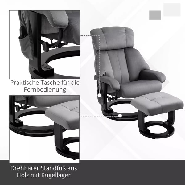 HOMCOM massagestol TV-stol hvilestol med liggefunktion lænestol med skammel massagefunktion fløjlsblødt polyester grå 76 x 80 x 102 cm