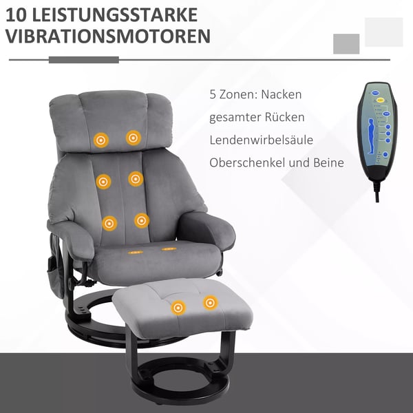 HOMCOM massagestol TV-stol hvilestol med liggefunktion lænestol med skammel massagefunktion fløjlsblødt polyester grå 76 x 80 x 102 cm