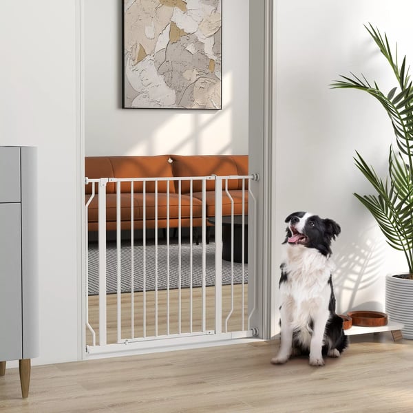 PawHut dørgitter, trappegitter med tovejsåbning, stål, hvid, justerbar 75-95 cm