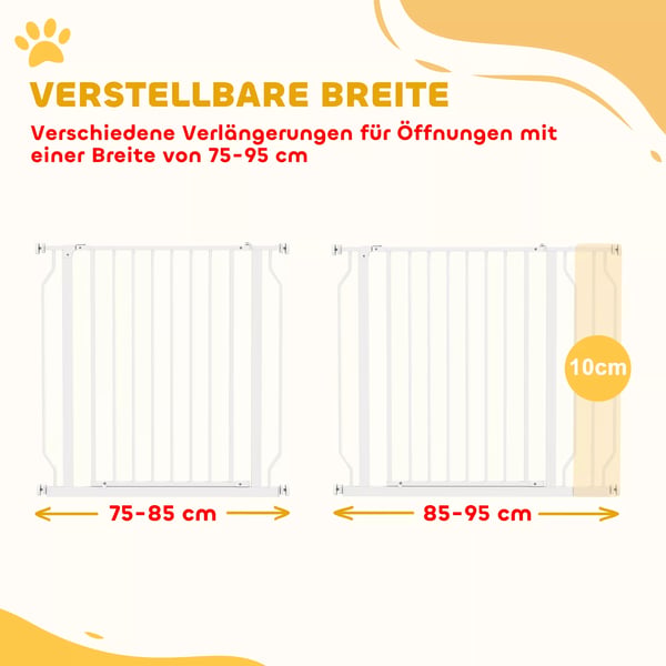 PawHut dørgitter, trappegitter med tovejsåbning, stål, hvid, justerbar 75-95 cm