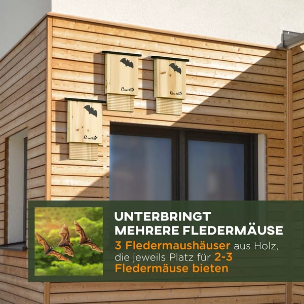 PawHut flagermuskasse 3-pak, flagermushus, redekasse til flagermus, flagermuskasse til ophængning til sommer, vinter, grantræ, natur