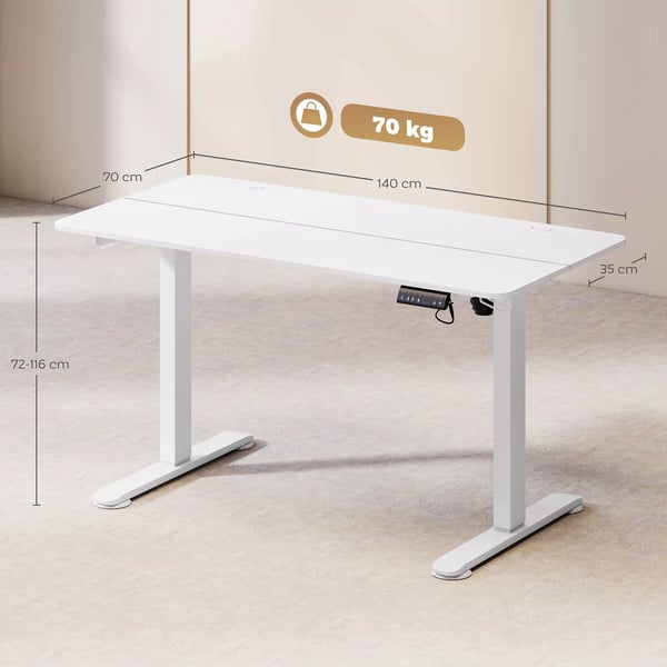 Vinsetto Højdejusterbart skrivebord 140x70cm elektrisk computerbord med 4 hukommelsesindstillinger, ergonomisk sidde-stå-skrivebord, krog, antikollision, hvid