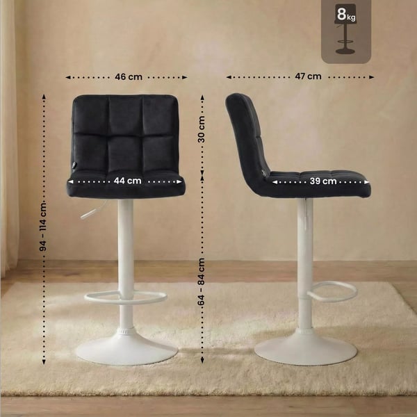 Sæt med 2 Peru fløjlsbarstole, sort, metalramme, justerbar højde, drejelig, quiltet design