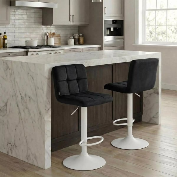 Sæt med 2 Peru fløjlsbarstole, sort, metalramme, justerbar højde, drejelig, quiltet design