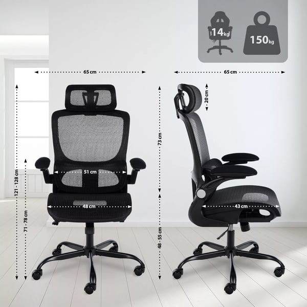 Ergonomisk kontorstol Kaylee - Sort, Plast, Metalstel, Netryglæn, Justerbar Nakkestøtte & Armlæn