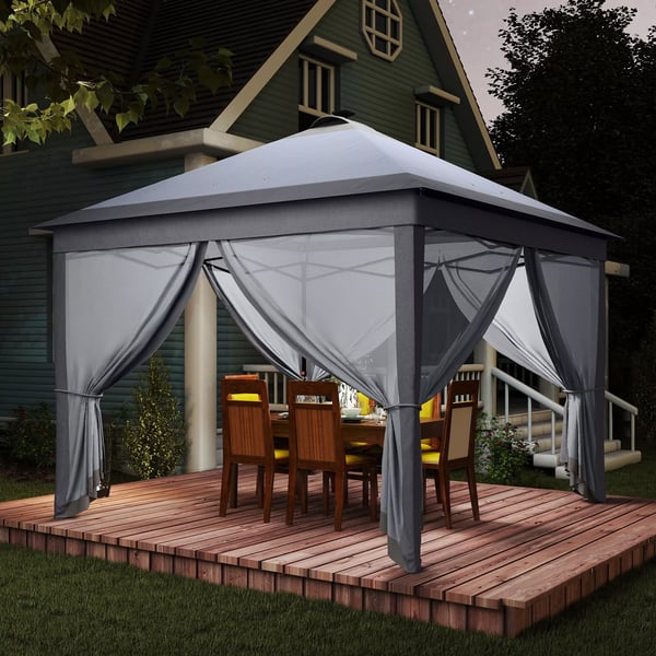 Outsunny Pavillon 3,3x3,3m foldepavillon LED USB Pop-Up mesh-sidevægge solbeskyttelse taske Oxford grå