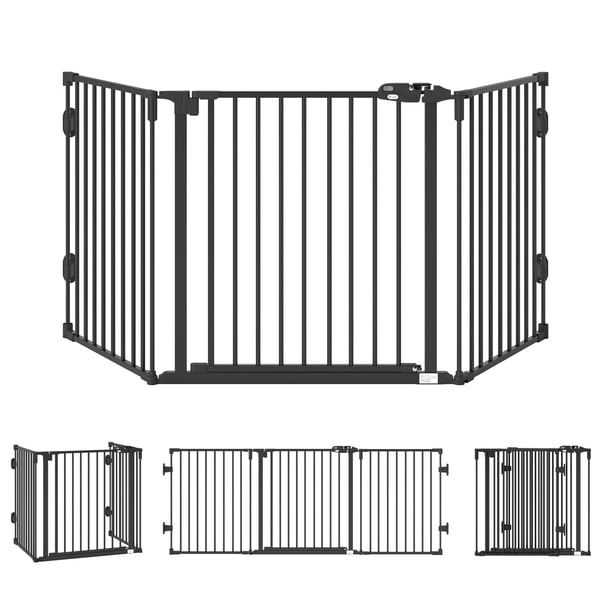 PawHut Hundegitter med automatisk dør, justerbar, foldbar, 3 paneler, Sort, Stål/Plastik, 202.5x76cm