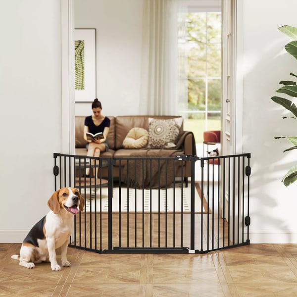 PawHut Hundegitter med automatisk dør, justerbar, foldbar, 3 paneler, Sort, Stål/Plastik, 202.5x76cm