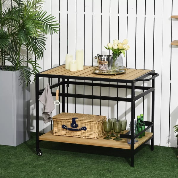 Outsunny serveringsvogn, grillvogn med 2 hylder, køkkenvogn med kroge, multifunktionelt udendørsbord med hjul, natur, 107 x 65 x 80 cm