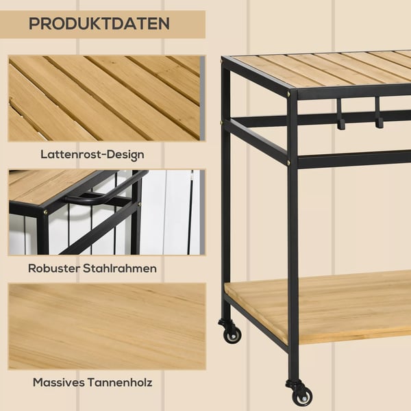 Outsunny serveringsvogn, grillvogn med 2 hylder, køkkenvogn med kroge, multifunktionelt udendørsbord med hjul, natur, 107 x 65 x 80 cm