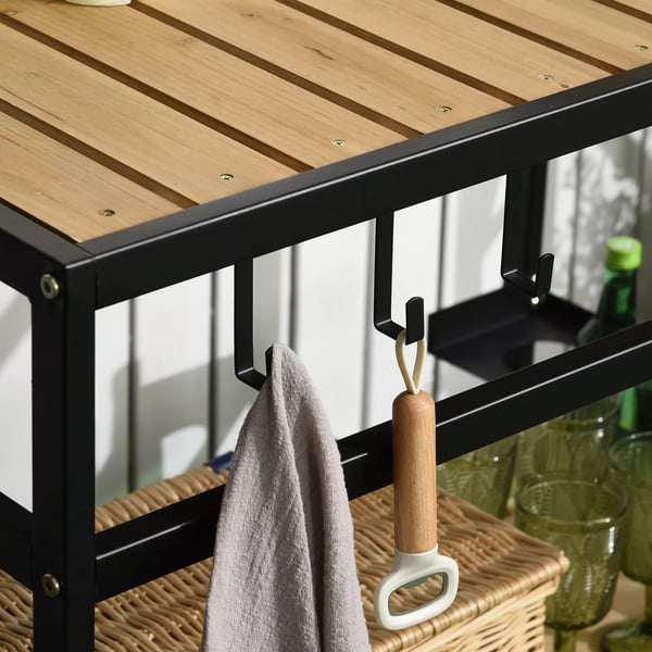 Outsunny serveringsvogn, grillvogn med 2 hylder, køkkenvogn med kroge, multifunktionelt udendørsbord med hjul, natur, 107 x 65 x 80 cm