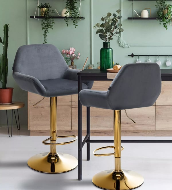Mörkgrå barstol i sammet med metallram, justerbar höjd, 360 graders svängfunktion