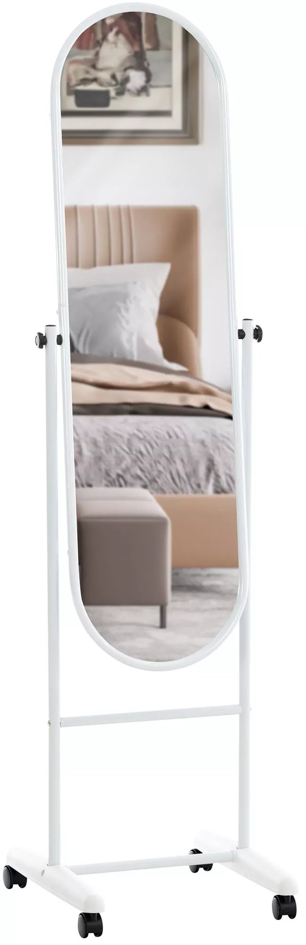 Nane Ovalt Stående Spejl, Hvid Metalramme, 155 cm Højde, Rullende, Moderne Design Boligindretning