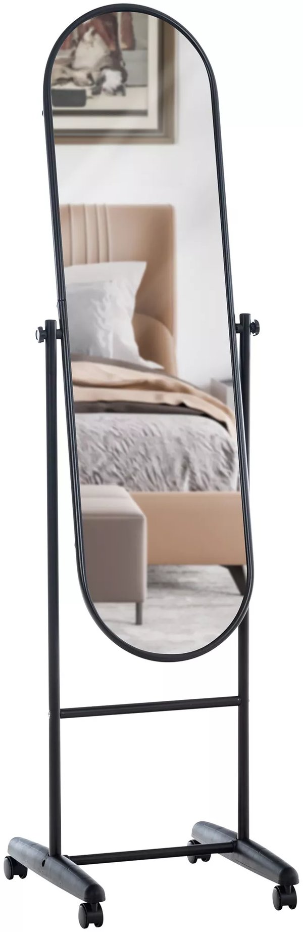 Nane Oval Golvspegel med Metallram - Svart, 155 cm Höjd, Rullande Bas
