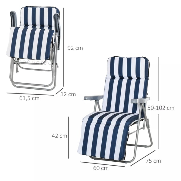 Outsunny 2 x Klapstole havestol solvogn armlæn sammenklappelig 5 positioner hynde blå 60 x 75 x 102 cm