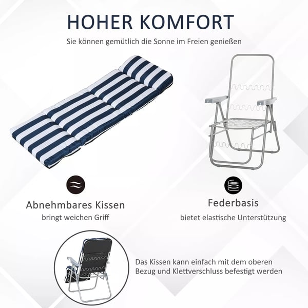Outsunny 2 x Klapstole havestol solvogn armlæn sammenklappelig 5 positioner hynde blå 60 x 75 x 102 cm