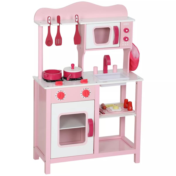 AIYAPLAY Legekøkken for børn i træ, pink, med tilbehør, kompakt design, 47 cm bordplade, 3-6 år